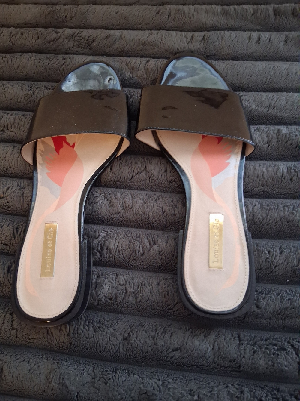 Louise et Cie Black Patent Slide Mules with Printed Insole